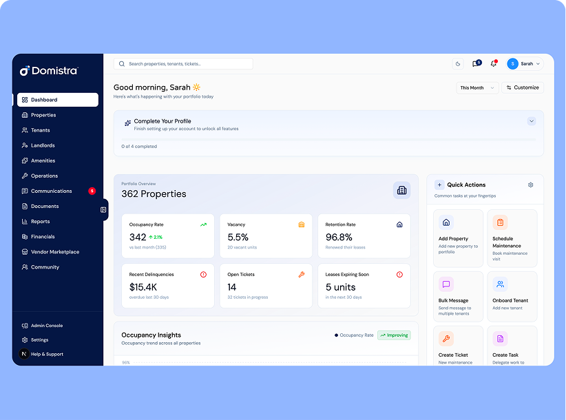 The Domistra dashboard showing portfolio occupancy, vacancy and retention at a glance