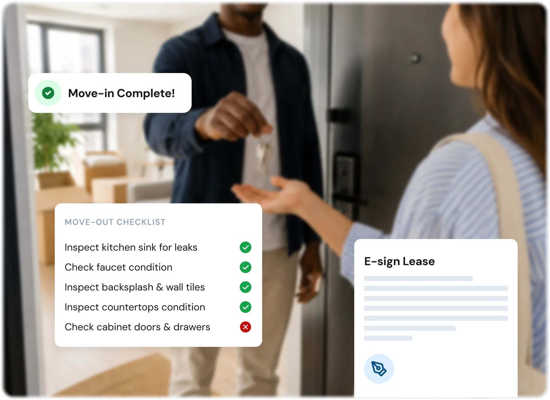 A property manager handing keys to a new tenant, beside a move-out checklist and an e-sign lease