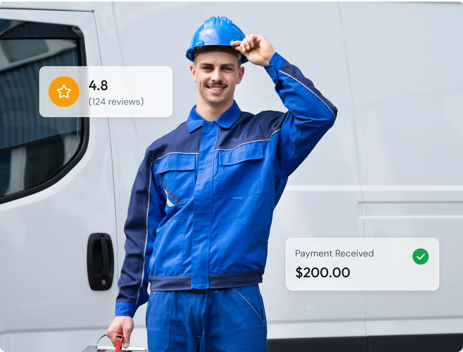 A verified vendor beside their van after a completed job