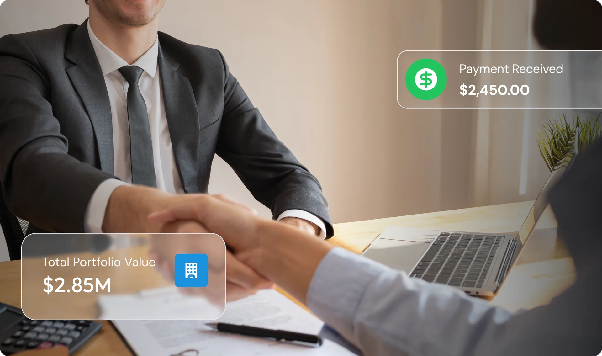 A property manager shaking hands with a client, beside a portfolio value and a payment received