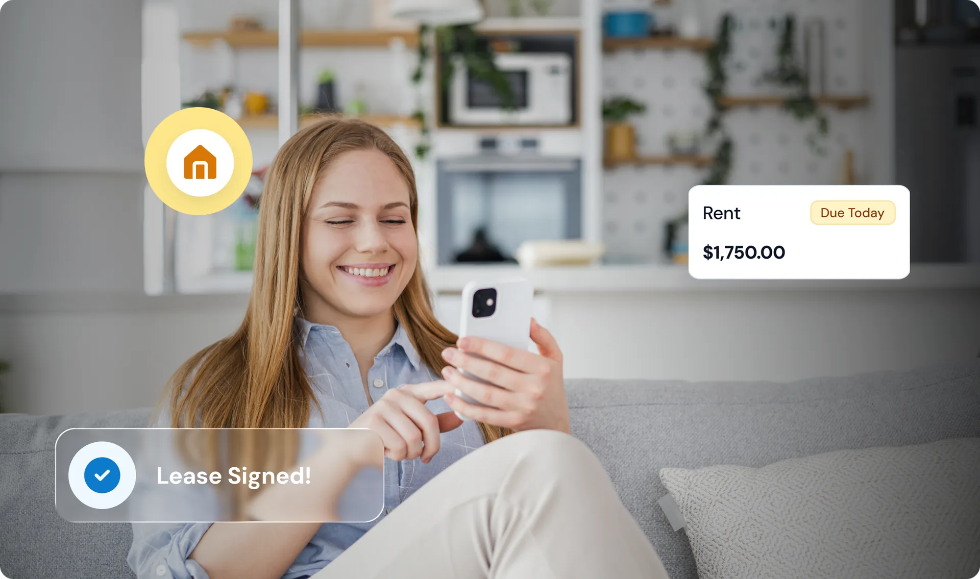 A resident using the Domistra app on her phone, beside a rent due notice and a signed lease