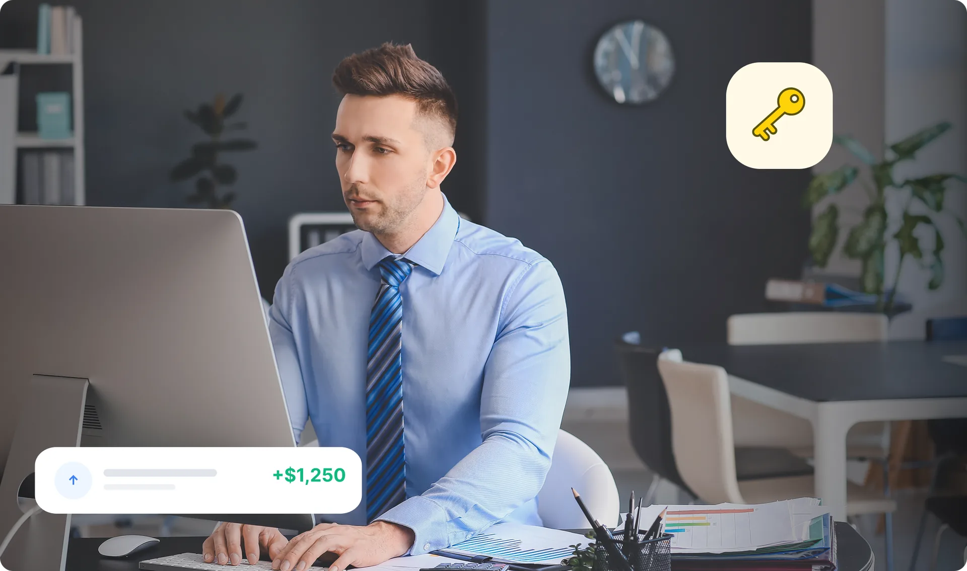A landlord reviewing his portfolio at a desk, beside a disbursement received