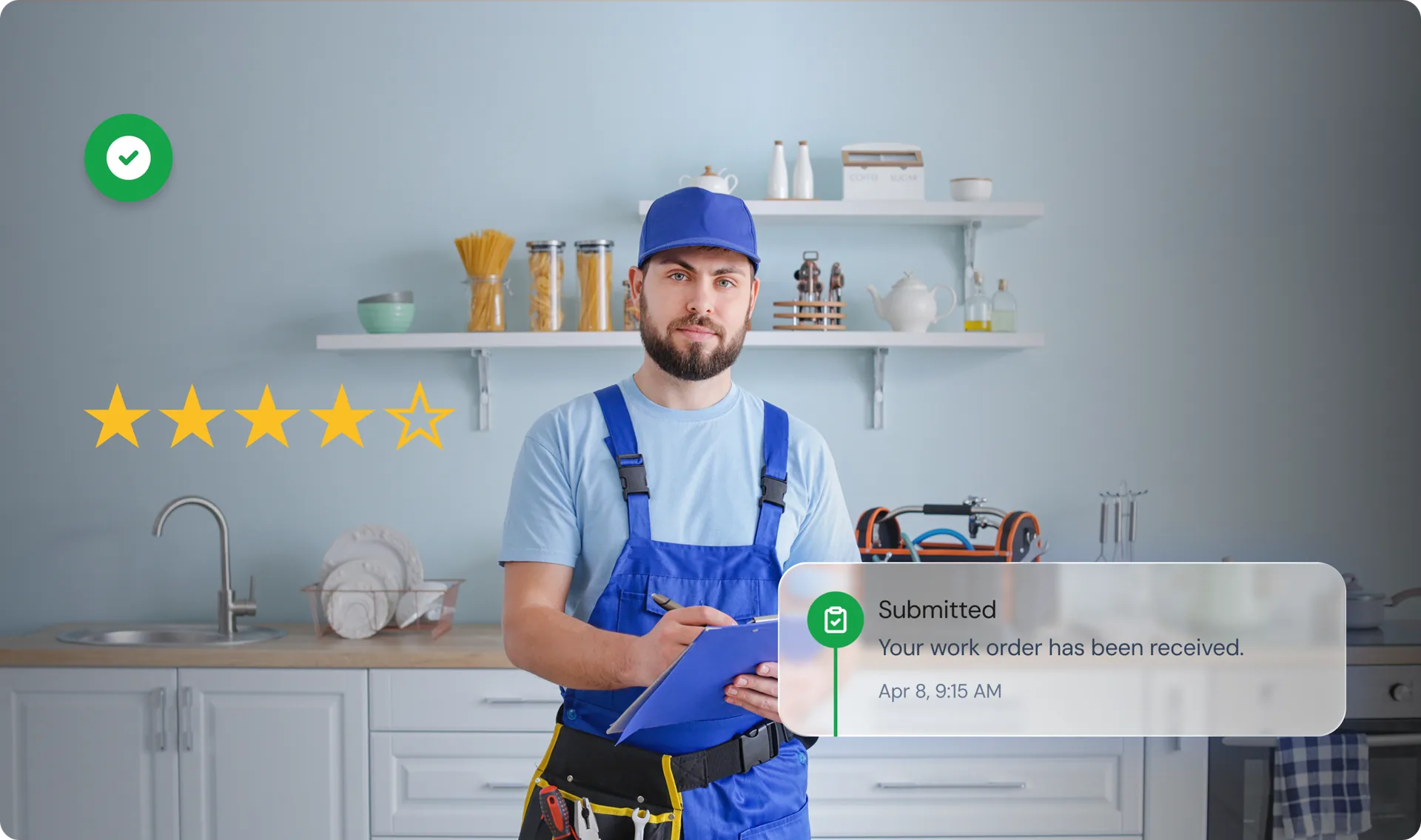 A service provider with a four-star rating and a submitted work order