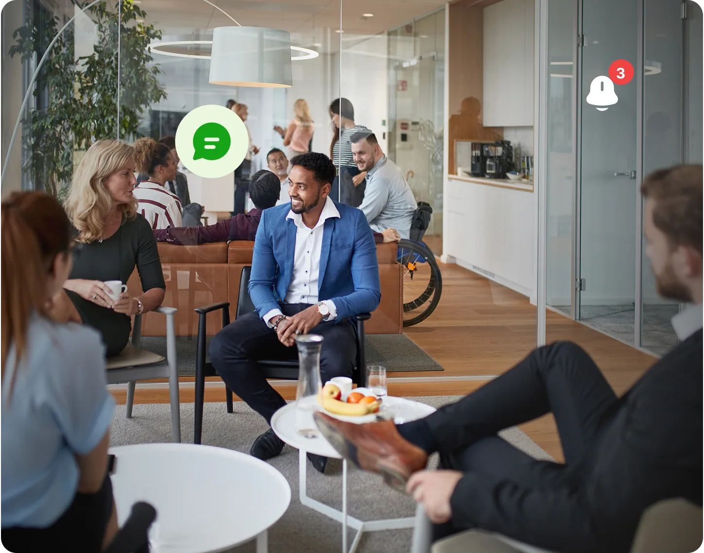 Residents talking together in a shared lounge, beside a new message notification