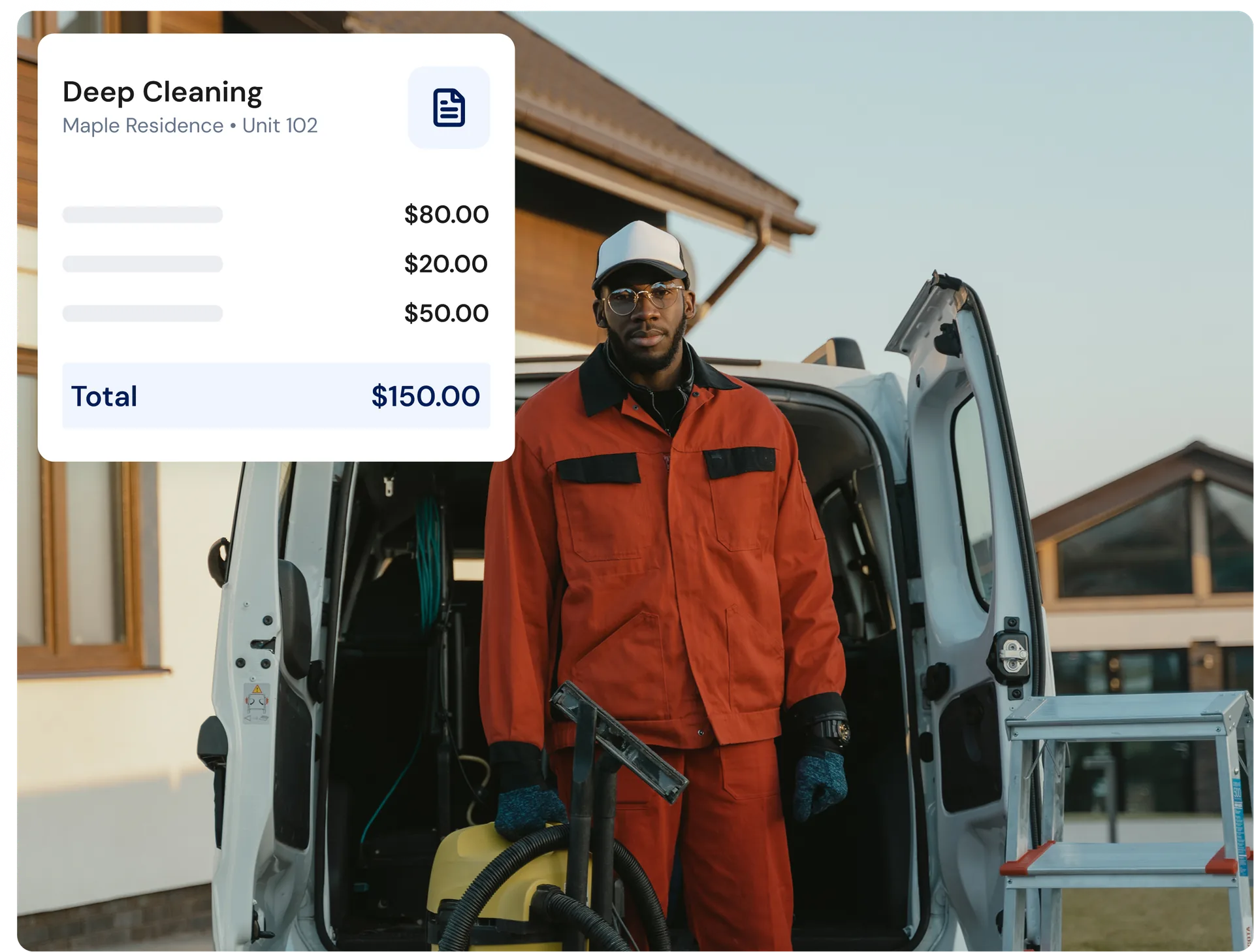 A vendor preparing a quote beside their van