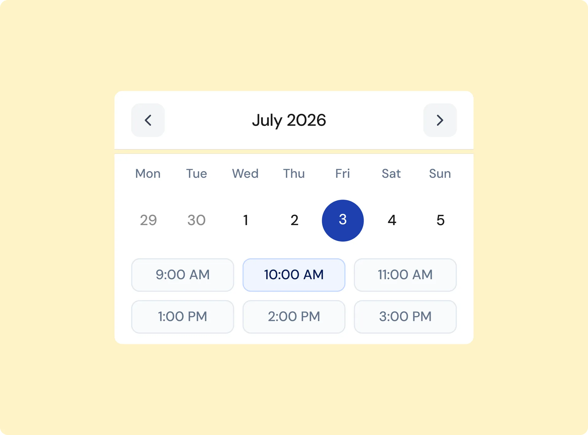 A calendar with available appointment slots