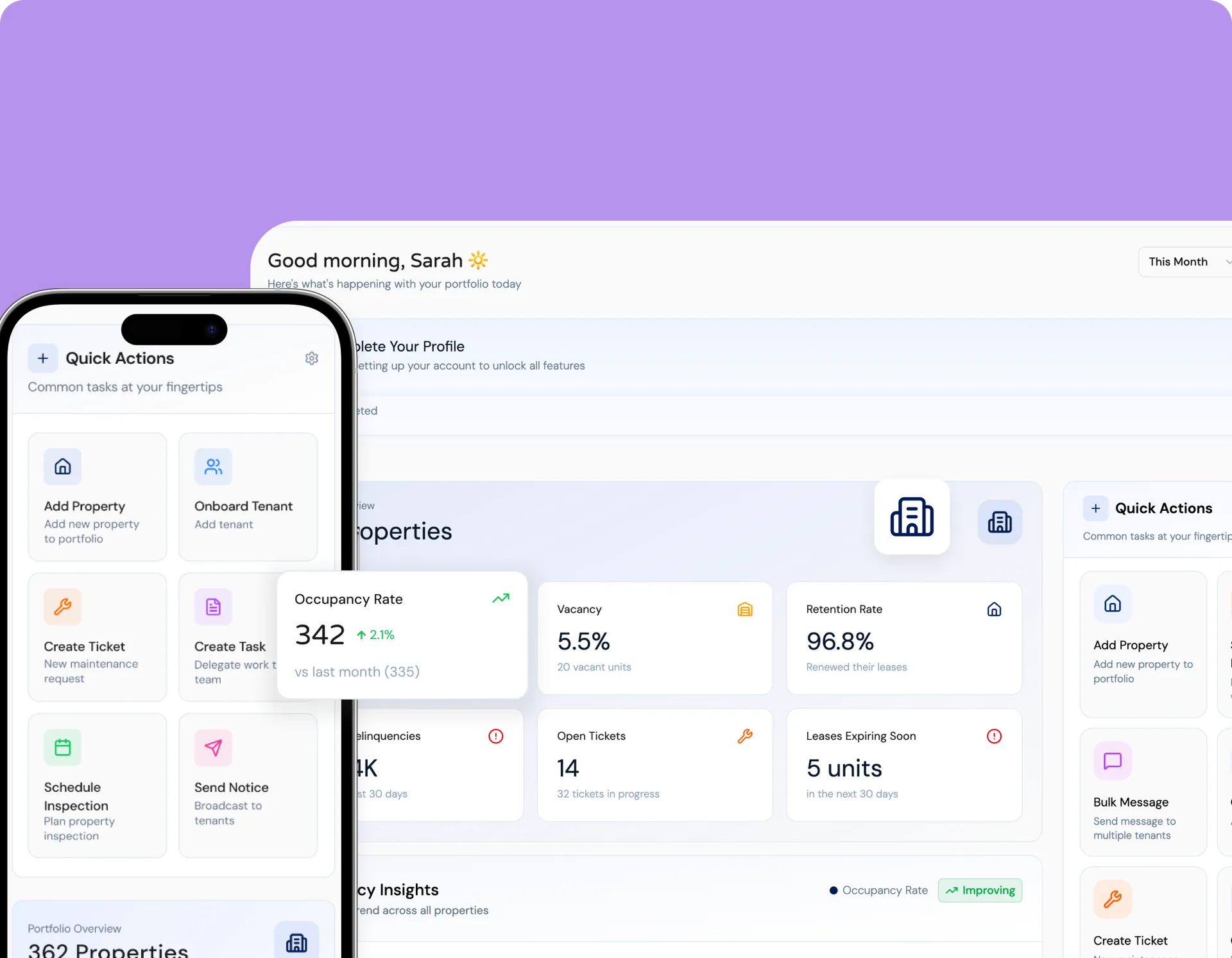 The Domistra property manager dashboard with quick actions and portfolio metrics