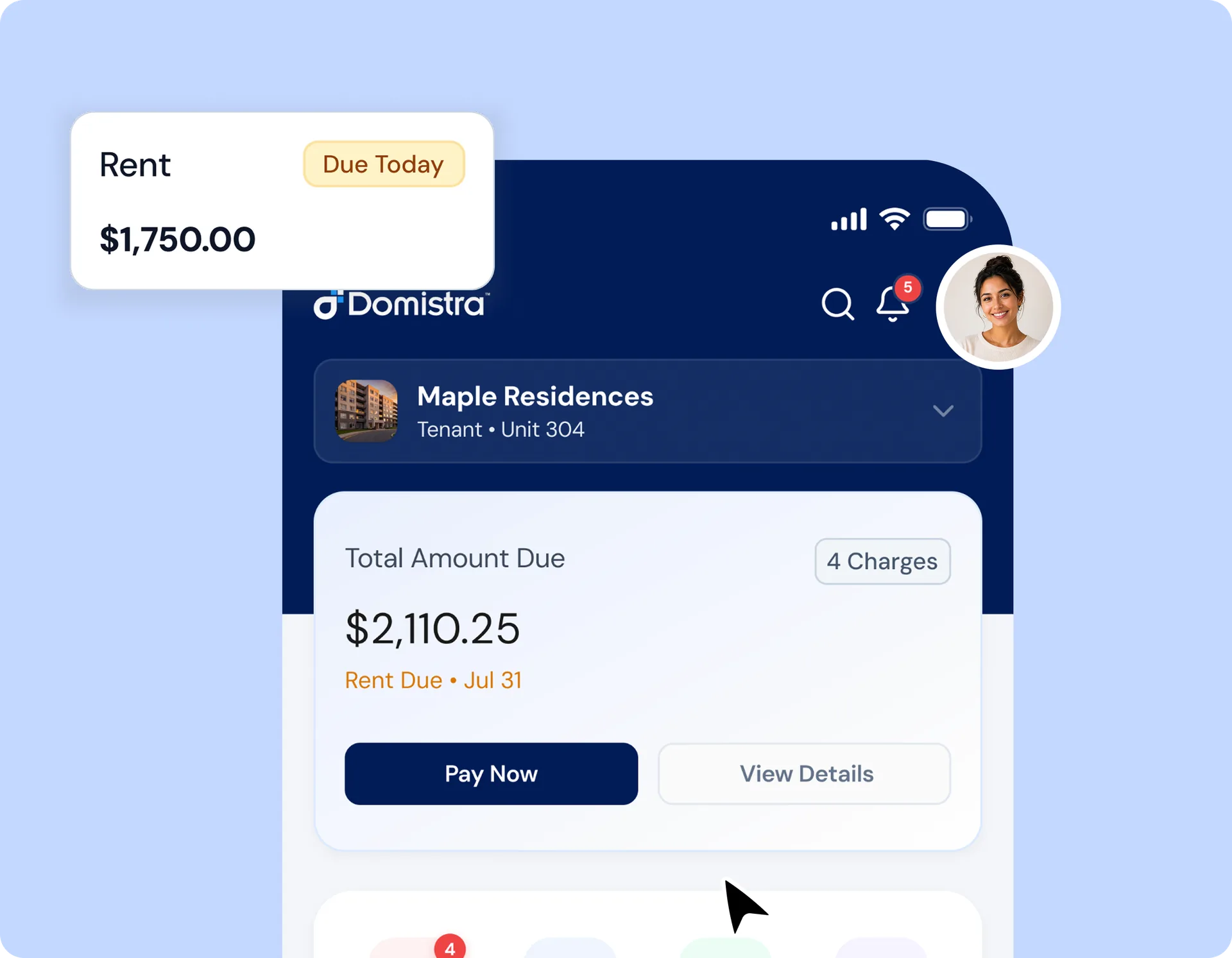 The Domistra resident app showing rent due and a payment screen