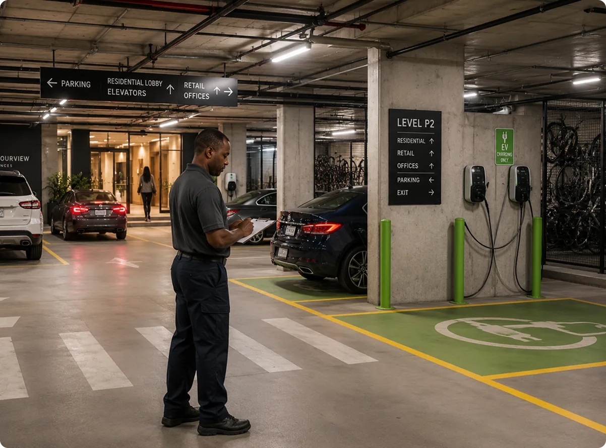A resident car park with signage and charging bays