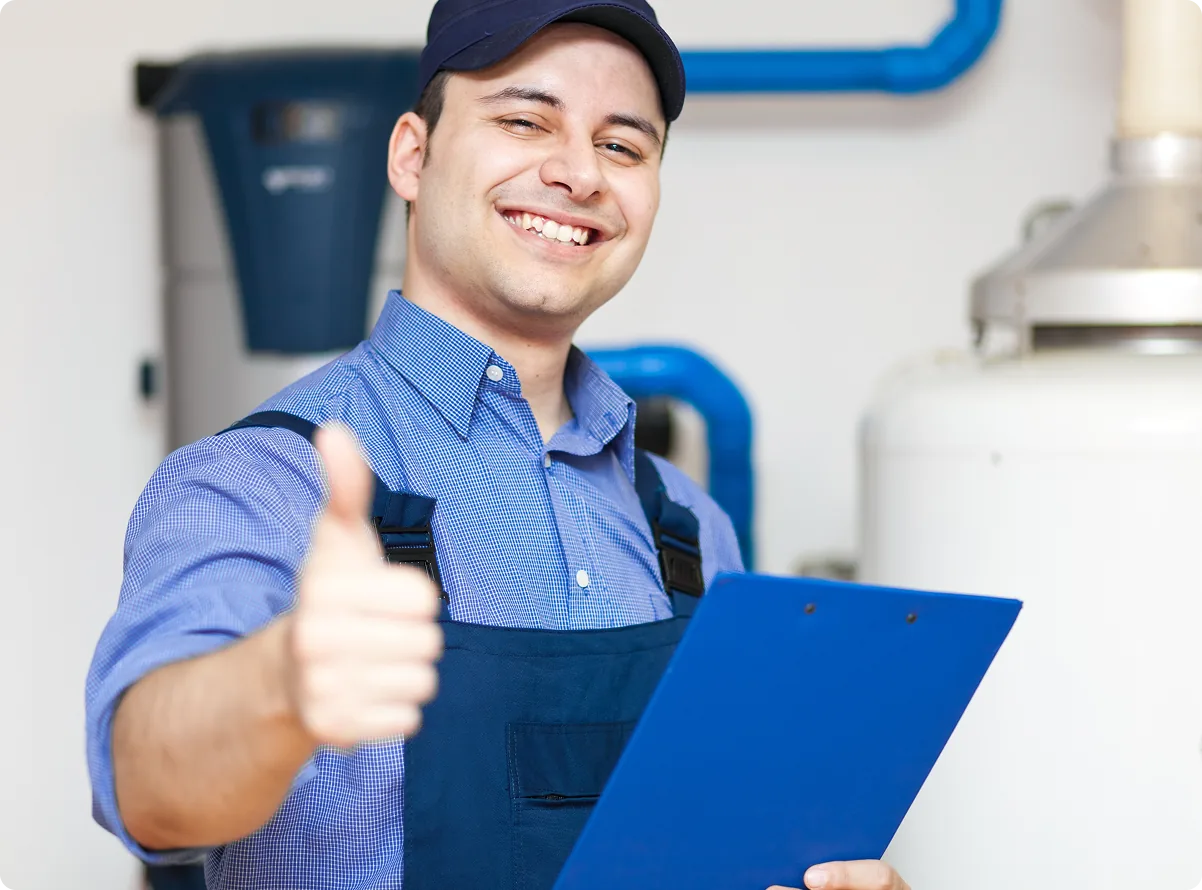 A technician with a clipboard beside a boiler, giving a thumbs up