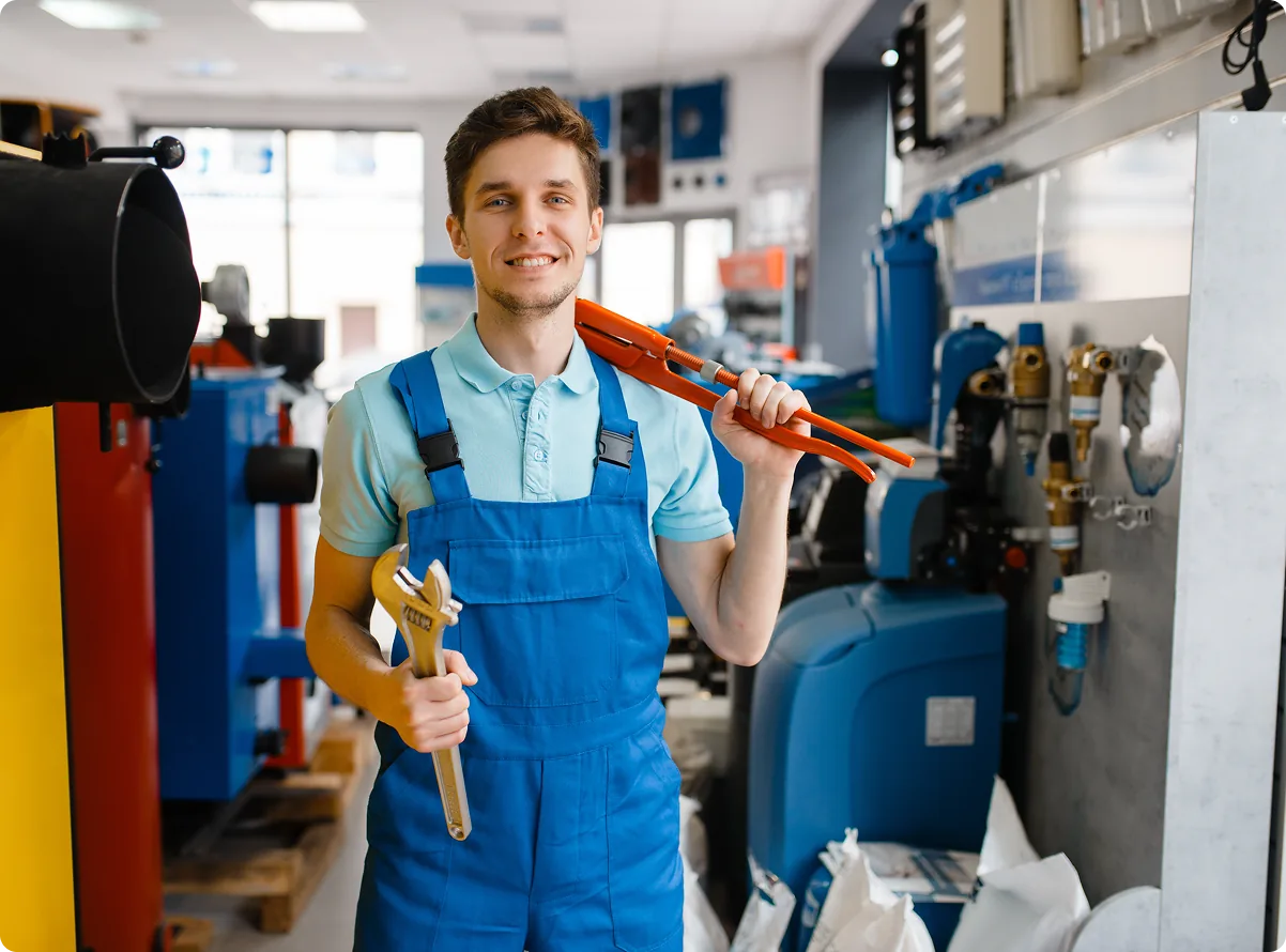 A plumber carrying tools through a plumbing supply store