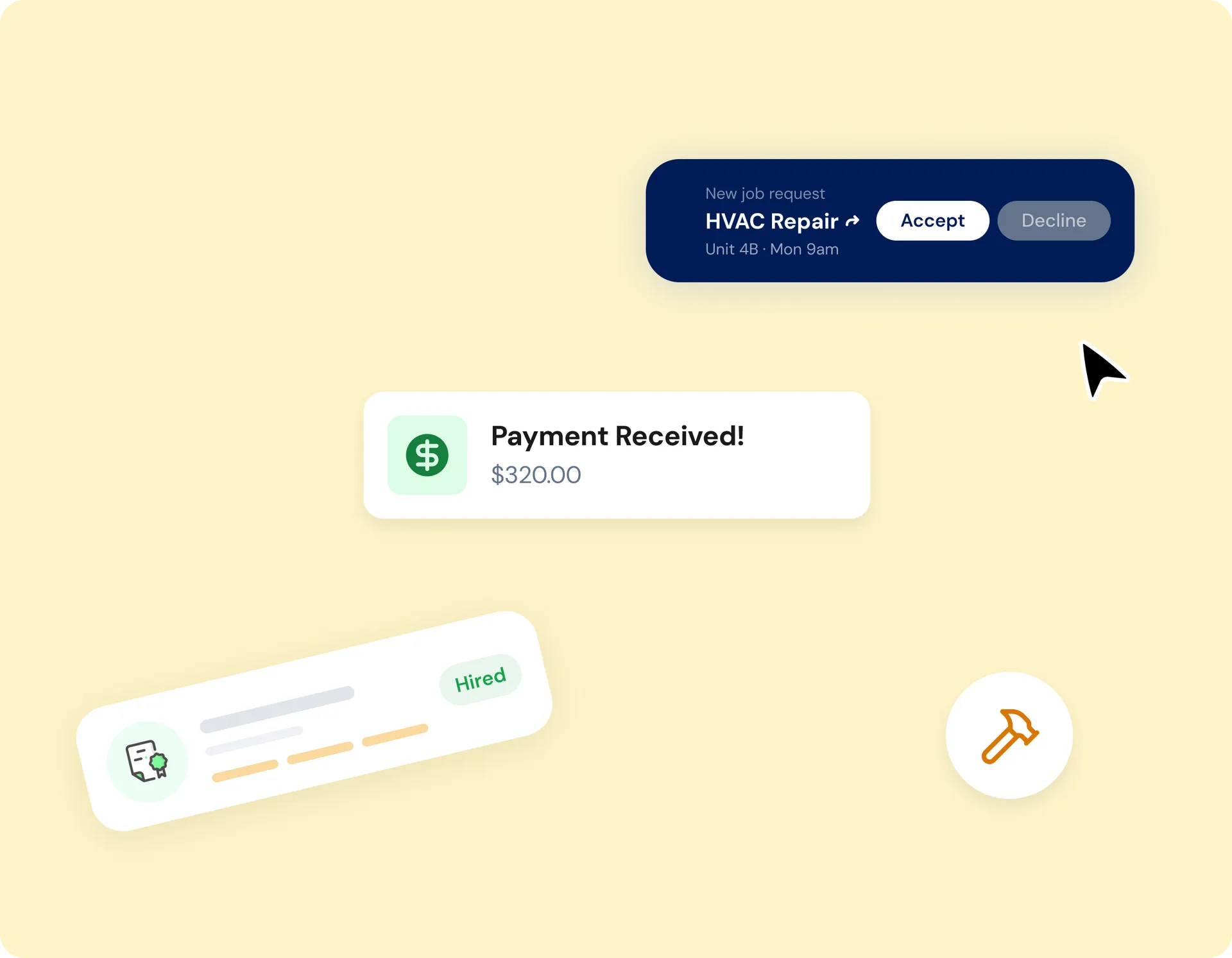 The Domistra vendor view showing a new job request and a payment received notice