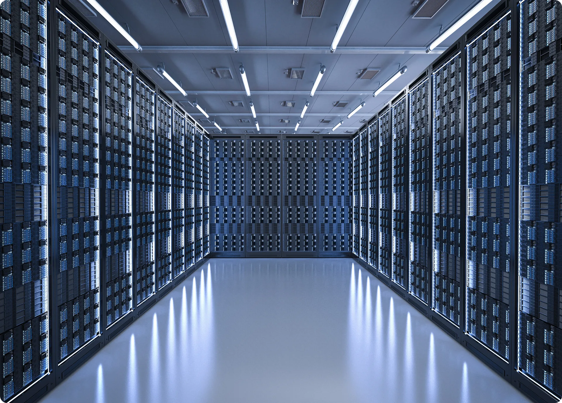 A corridor of server racks inside a data centre