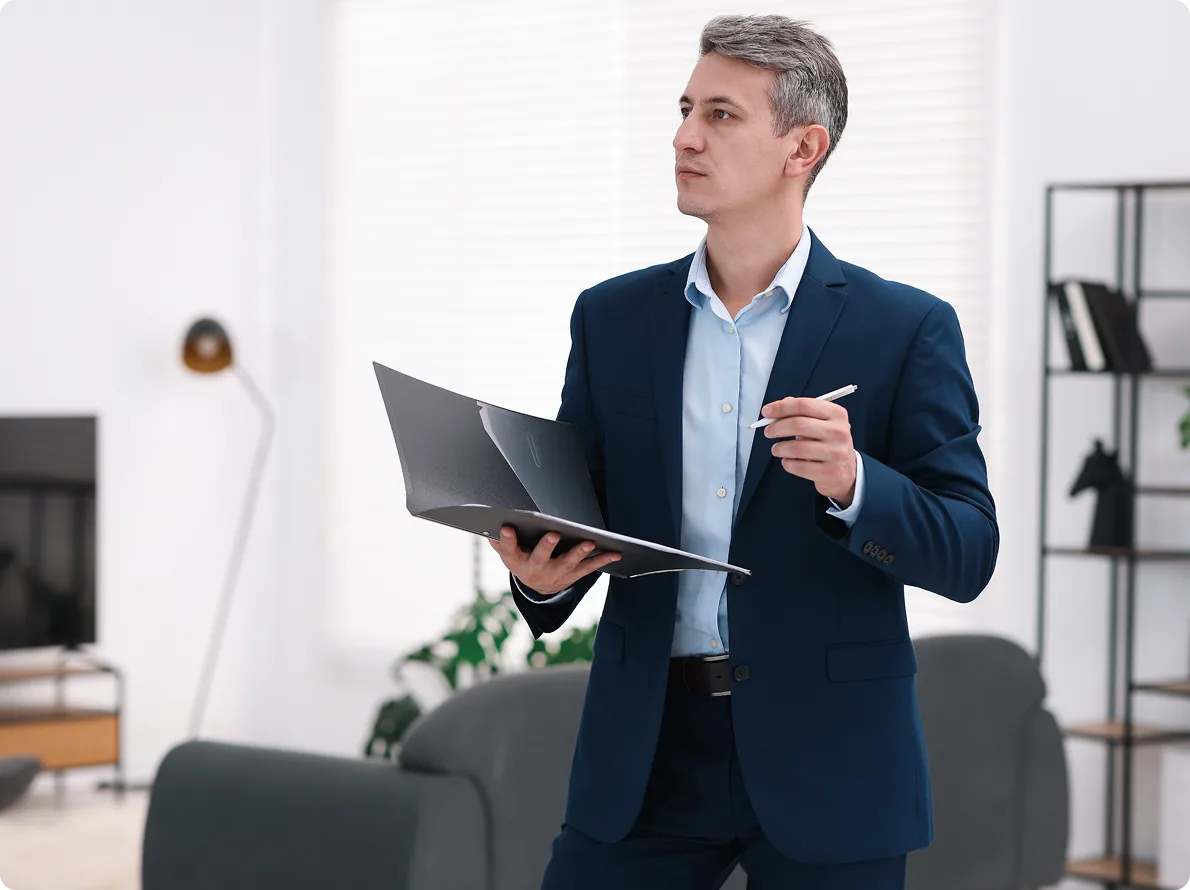 A landlord reviewing their portfolio on a laptop