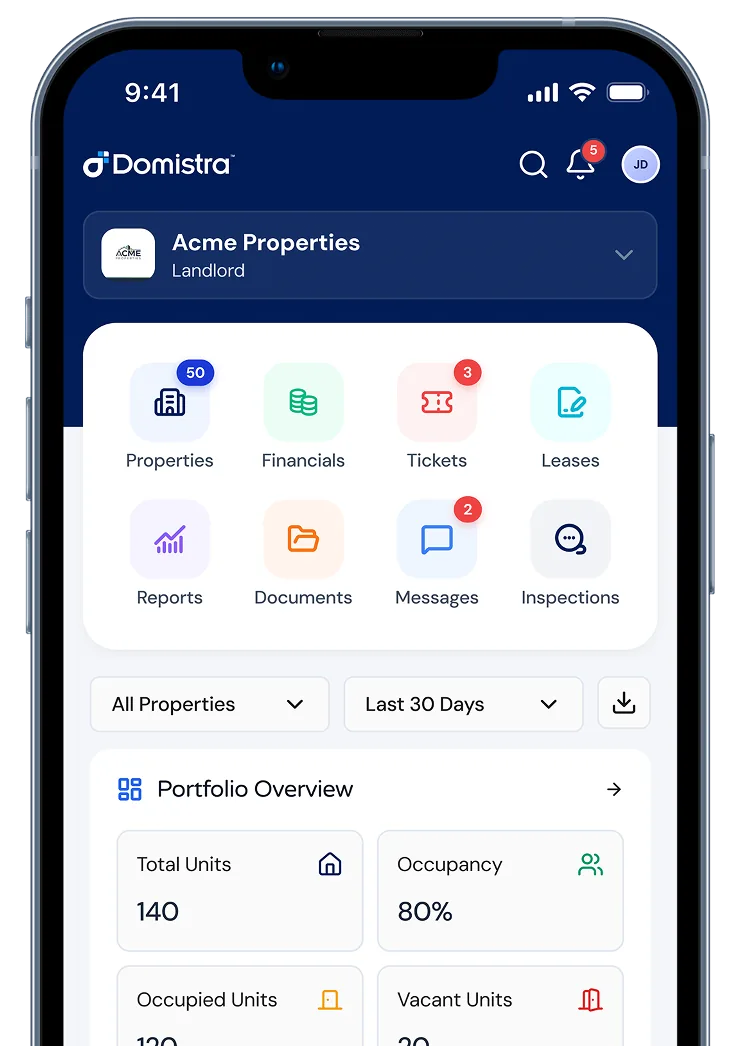 The Domistra landlord app shown on a phone